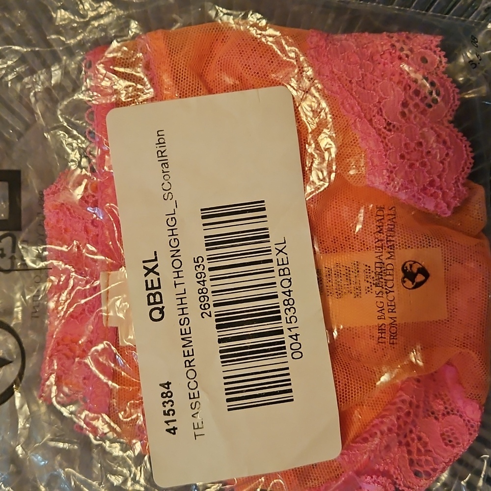 Victoria's Secret Tease Core Mesh High Leg Thong Orange And Pink Lace TrimXL NIP - Picture 7 of 9